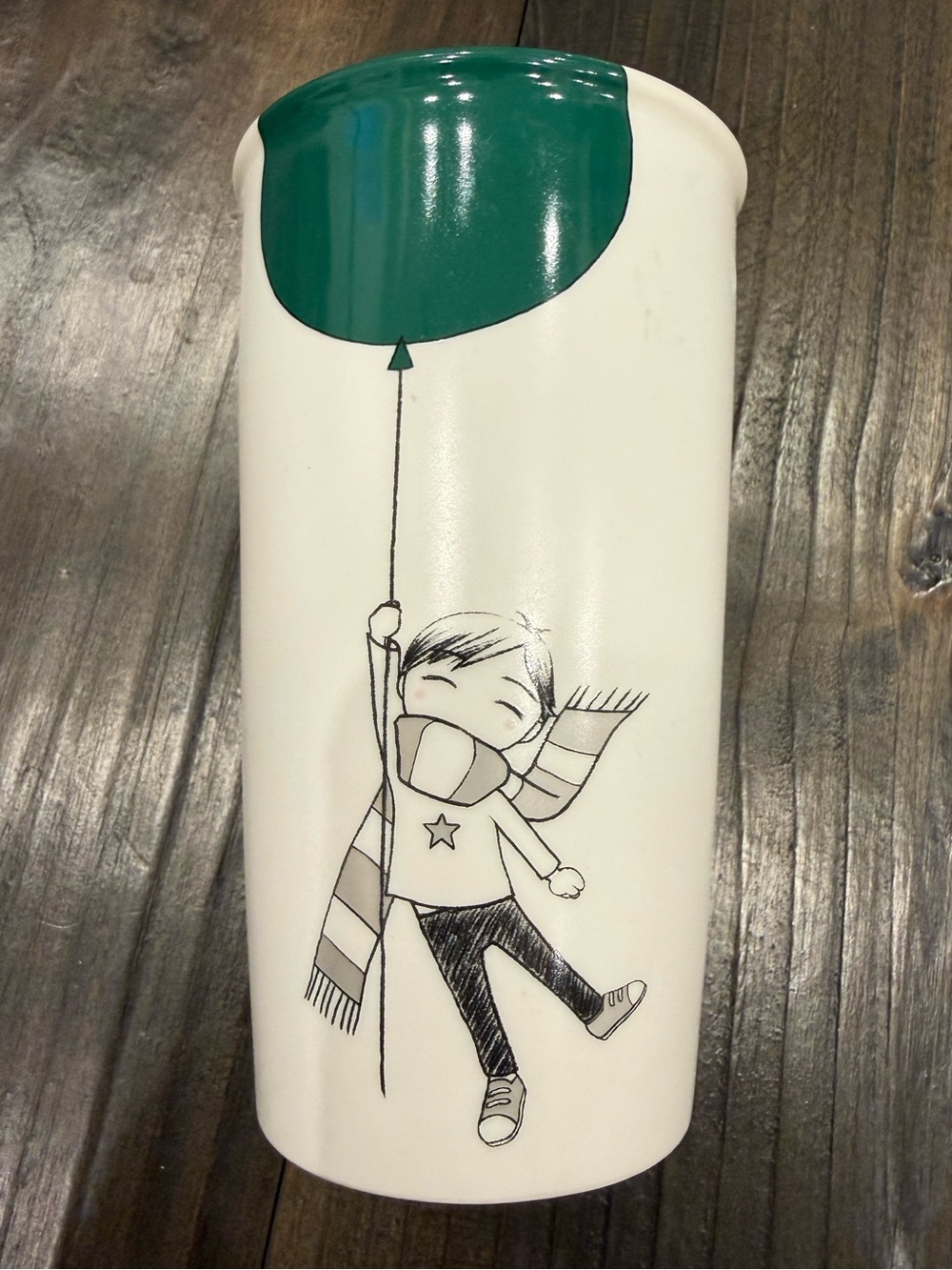 Starbucks Dot Collection 12 floz "Boy with a Green Balloon" Ceramic Mug with Lid